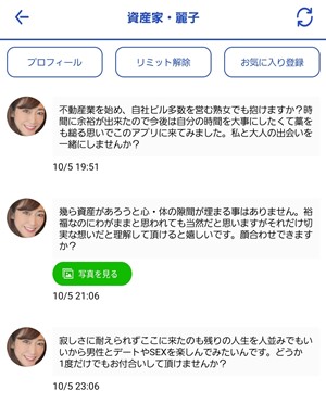 出会い アプリ プラチナムチャット サクラ 資産家・麗子 メッセージ