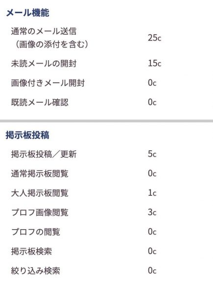 料金表画面のスクリーンショット